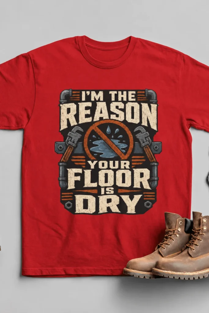 Plumber T‑Shirt – "I'm the Reason Your Floor Is Dry" Vintage Plumbing Tee — red t-shirt, flat-lay product photo | Pressure Tested Co