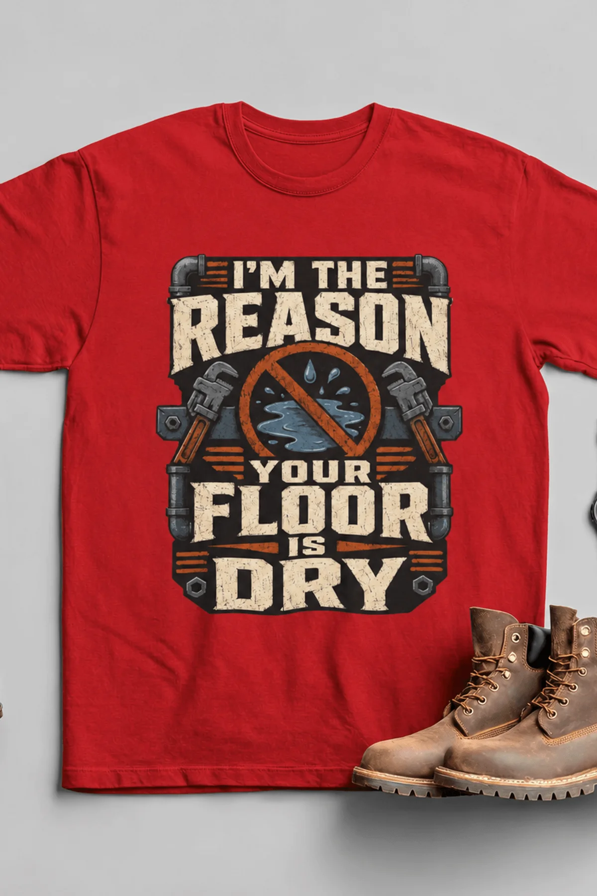 Plumber T‑Shirt – "I'm the Reason Your Floor Is Dry" Vintage Plumbing Tee — red — Flat-lay Plumber T‑Shirt – "I'm the Reason Your Floor Is Dry" Vintage Plumbing Tee — red t-shirt, flat-lay product photo | Pressure Tested Co