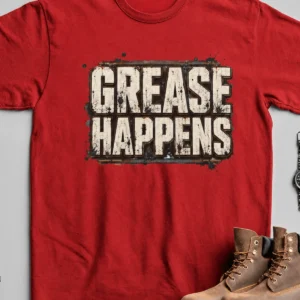 Grease Happens T-Shirt — Funny Mechanic Garage Tee — red t-shirt, flat-lay product photo | Pressure Tested Co