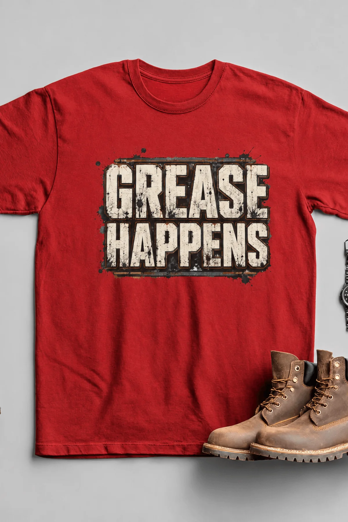 Grease Happens T-Shirt — Funny Mechanic Garage Tee — red — Flat-lay Grease Happens T-Shirt — Funny Mechanic Garage Tee — red t-shirt, flat-lay product photo | Pressure Tested Co