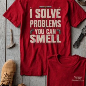 Funny Plumber Repair Graphic Tee "I Solve Problems You Can Smell" Back - "Plumbing Systems Diagnostician" Front — red t-shirt, flat-lay product photo | Pressure Tested Co