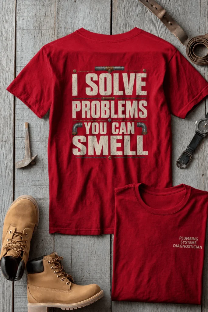 Funny Plumber Repair Graphic Tee "I Solve Problems You Can Smell" Back - "Plumbing Systems Diagnostician" Front — red t-shirt, flat-lay product photo | Pressure Tested Co