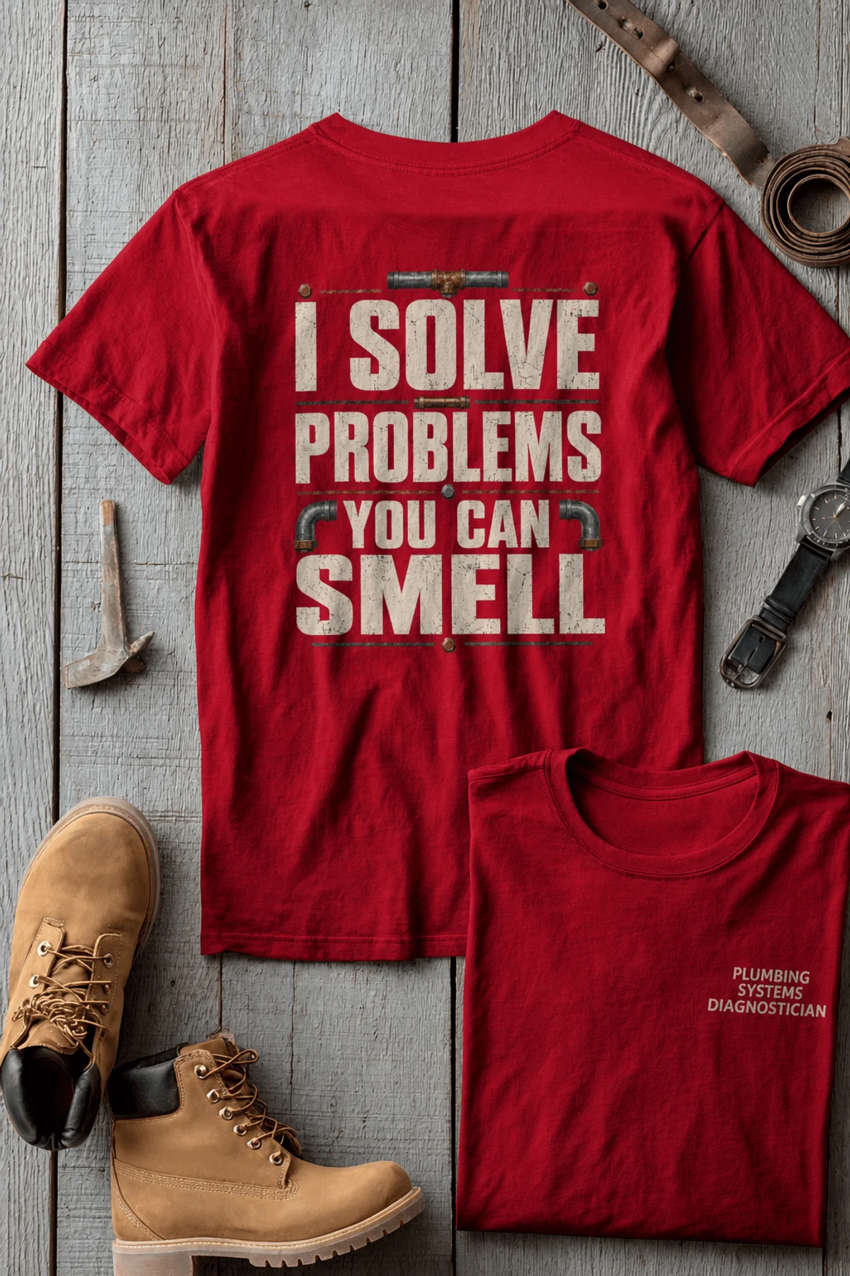 Funny Plumber Repair Graphic Tee "I Solve Problems You Can Smell" Back - "Plumbing Systems Diagnostician" Front — red — Flat-lay Funny Plumber Repair Graphic Tee "I Solve Problems You Can Smell" Back - "Plumbing Systems Diagnostician" Front — red t-shirt, flat-lay product photo | Pressure Tested Co