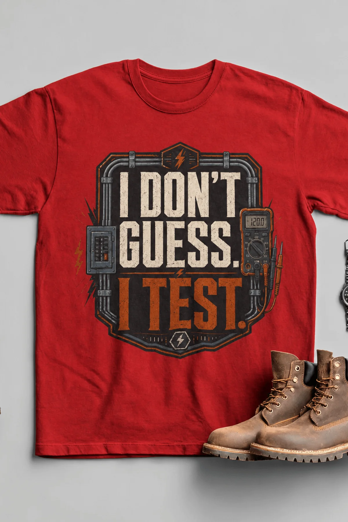 I Don't Guess I Test T-Shirt — Funny Tech Tee for Engineers and Electricians — red — Flat-lay I Don't Guess I Test T-Shirt — Funny Tech Tee for Engineers and Electricians — red t-shirt, flat-lay product photo | Pressure Tested Co