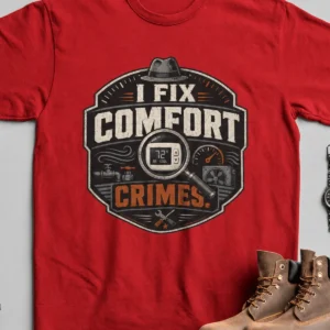 Funny HVAC Tech Tee "I Fix Comfort Crimes" — Furnace and Air Tech Work Tee — red t-shirt, flat-lay product photo | Pressure Tested Co