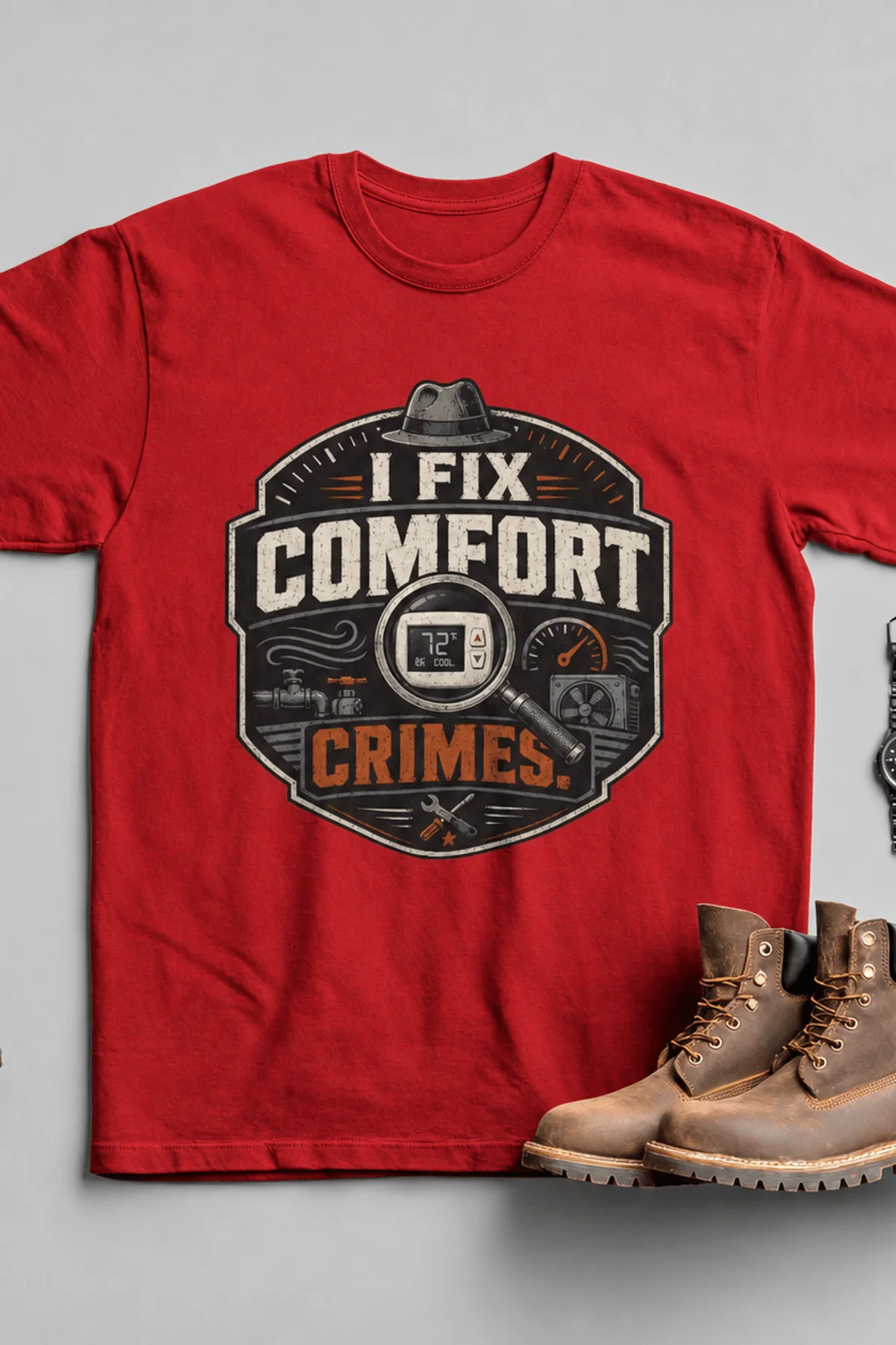 Funny HVAC Tech Tee "I Fix Comfort Crimes" — Furnace and Air Tech Work Tee — red — Flat-lay Funny HVAC Tech Tee "I Fix Comfort Crimes" — Furnace and Air Tech Work Tee — red t-shirt, flat-lay product photo | Pressure Tested Co