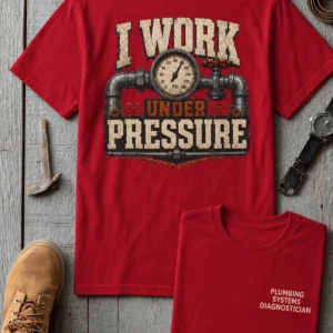 Funny Plumber Repair Graphic Tee "I Work Under Pressure" Back - "Plumbing Systems Diagnostician" Front — red t-shirt, flat-lay product photo | Pressure Tested Co