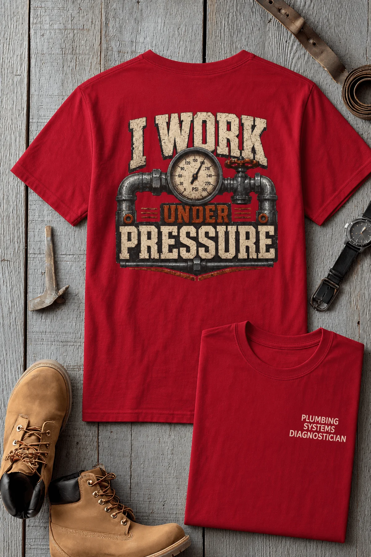 Funny Plumber Repair Graphic Tee "I Work Under Pressure" Back - "Plumbing Systems Diagnostician" Front — red t-shirt, flat-lay product photo | Pressure Tested Co