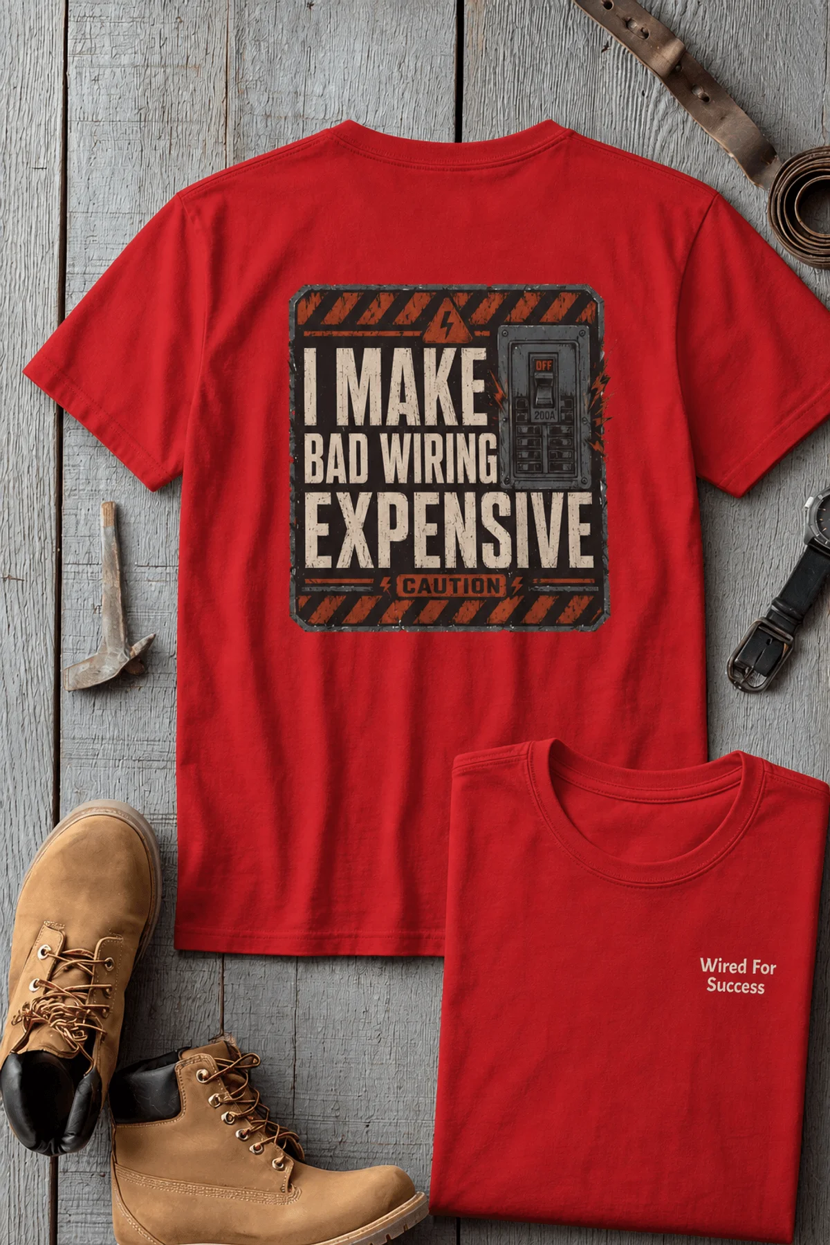 Funny Electrician Tech Tee - Back "I Make Bad Wiring Expensive" — Front "Wired For Success" Vintage Work Tee — red — Flat-lay Funny Electrician Tech Tee - Back "I Make Bad Wiring Expensive" — Front "Wired For Success" Vintage Work Tee — red t-shirt, flat-lay product photo | Pressure Tested Co