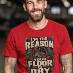 Plumber T‑Shirt – "I'm the Reason Your Floor Is Dry" Vintage Plumbing Tee — red t-shirt, model photo | Pressure Tested Co