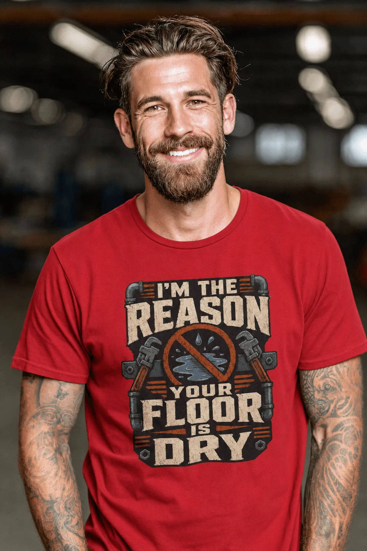 Plumber T‑Shirt – "I'm the Reason Your Floor Is Dry" Vintage Plumbing Tee — red — Model Plumber T‑Shirt – "I'm the Reason Your Floor Is Dry" Vintage Plumbing Tee — red t-shirt, model photo | Pressure Tested Co