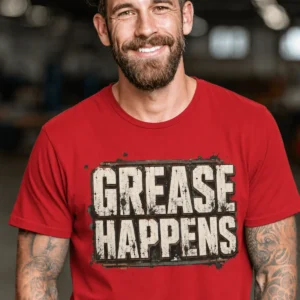 Grease Happens T-Shirt — Funny Mechanic Garage Tee — red t-shirt, model photo | Pressure Tested Co