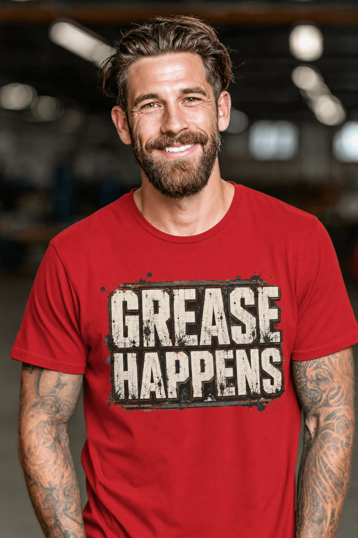 Grease Happens T-Shirt — Funny Mechanic Garage Tee — red — Model Grease Happens T-Shirt — Funny Mechanic Garage Tee — red t-shirt, model photo | Pressure Tested Co