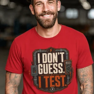 I Don't Guess I Test T-Shirt — Funny Tech Tee for Engineers and Electricians — red t-shirt, model photo | Pressure Tested Co