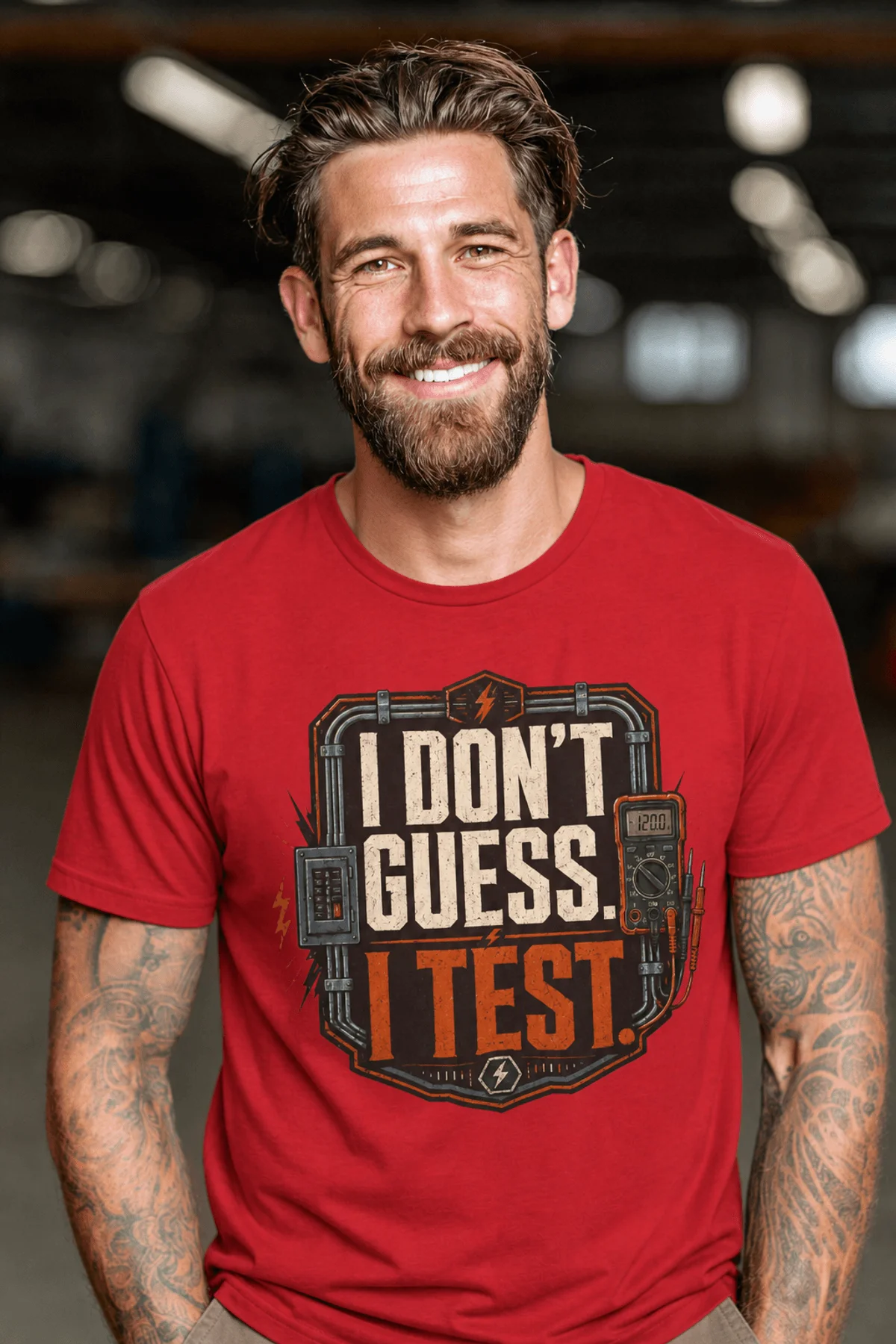 I Don't Guess I Test T-Shirt — Funny Tech Tee for Engineers and Electricians — red — Model I Don't Guess I Test T-Shirt — Funny Tech Tee for Engineers and Electricians — red t-shirt, model photo | Pressure Tested Co
