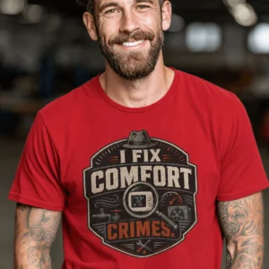 Funny HVAC Tech Tee "I Fix Comfort Crimes" — Furnace and Air Tech Work Tee — red t-shirt, model photo | Pressure Tested Co