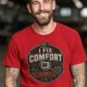 Funny HVAC Tech Tee "I Fix Comfort Crimes" — Furnace and Air Tech Work Tee — red — Model Funny HVAC Tech Tee "I Fix Comfort Crimes" — Furnace and Air Tech Work Tee — red t-shirt, model photo | Pressure Tested Co