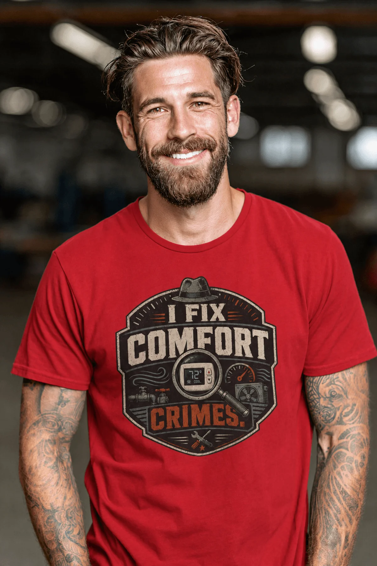 Funny HVAC Tech Tee "I Fix Comfort Crimes" — Furnace and Air Tech Work Tee — red — Model Funny HVAC Tech Tee "I Fix Comfort Crimes" — Furnace and Air Tech Work Tee — red t-shirt, model photo | Pressure Tested Co