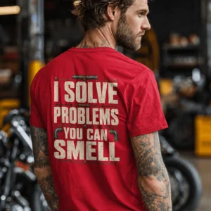 Funny Plumber Repair Graphic Tee "I Solve Problems You Can Smell" Back - "Plumbing Systems Diagnostician" Front — red t-shirt, model photo | Pressure Tested Co
