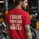 Funny Plumber Repair Graphic Tee "I Solve Problems You Can Smell" Back - "Plumbing Systems Diagnostician" Front — red — Model Funny Plumber Repair Graphic Tee "I Solve Problems You Can Smell" Back - "Plumbing Systems Diagnostician" Front — red t-shirt, model photo | Pressure Tested Co