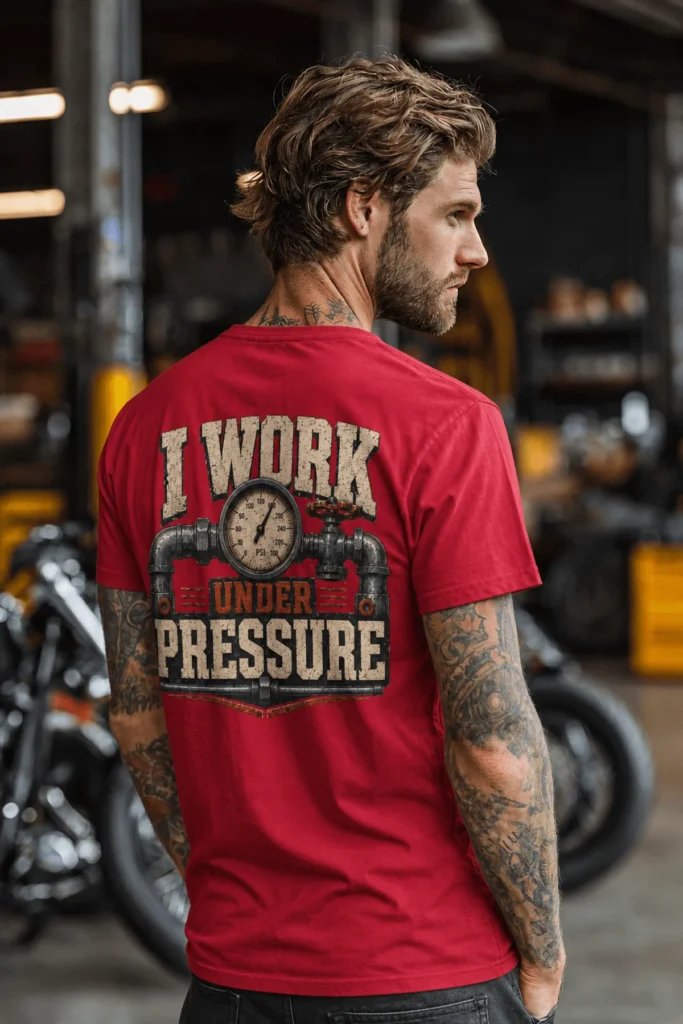 Funny Plumber Repair Graphic Tee "I Work Under Pressure" Back - "Plumbing Systems Diagnostician" Front — red t-shirt, model photo | Pressure Tested Co