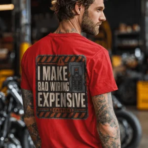 Funny Electrician Tech Tee - Back "I Make Bad Wiring Expensive" — Front "Wired For Success" Vintage Work Tee — red t-shirt, model photo | Pressure Tested Co