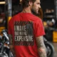 Funny Electrician Tech Tee - Back "I Make Bad Wiring Expensive" — Front "Wired For Success" Vintage Work Tee — red — Model Funny Electrician Tech Tee - Back "I Make Bad Wiring Expensive" — Front "Wired For Success" Vintage Work Tee — red t-shirt, model photo | Pressure Tested Co
