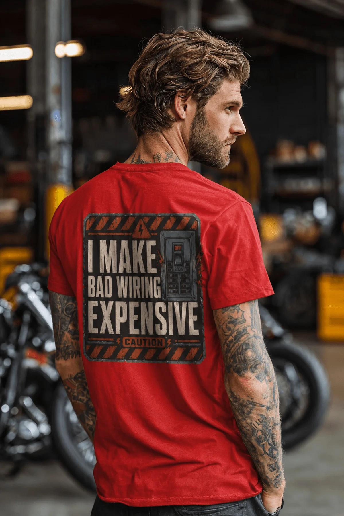 Funny Electrician Tech Tee - Back "I Make Bad Wiring Expensive" — Front "Wired For Success" Vintage Work Tee — red — Model Funny Electrician Tech Tee - Back "I Make Bad Wiring Expensive" — Front "Wired For Success" Vintage Work Tee — red t-shirt, model photo | Pressure Tested Co