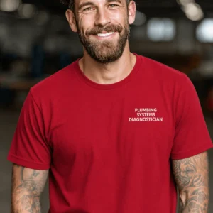 Funny Plumber Repair Graphic Tee "I Solve Problems You Can Smell" Back - "Plumbing Systems Diagnostician" Front — red t-shirt, model photo | Pressure Tested Co