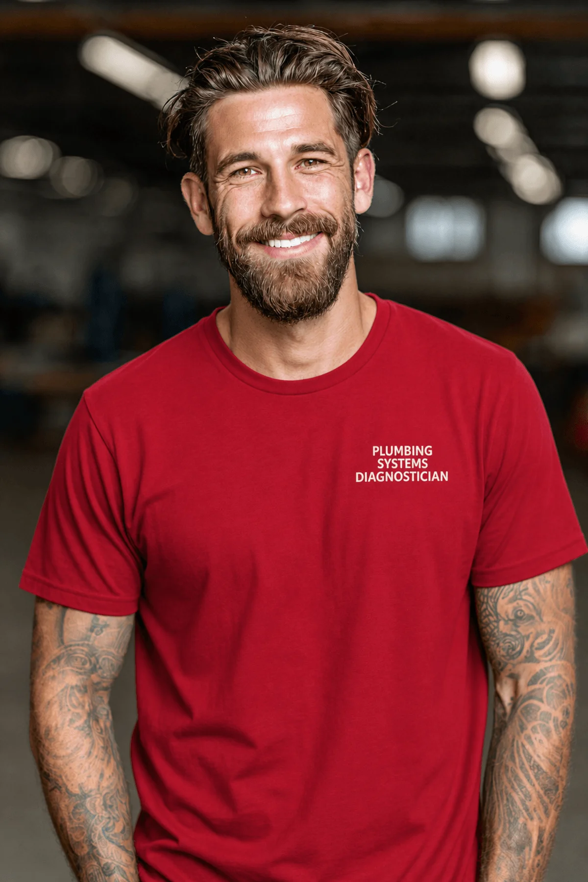 Funny Plumber Repair Graphic Tee "I Solve Problems You Can Smell" Back - "Plumbing Systems Diagnostician" Front — red — Model Funny Plumber Repair Graphic Tee "I Solve Problems You Can Smell" Back - "Plumbing Systems Diagnostician" Front — red t-shirt, model photo | Pressure Tested Co
