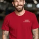 Funny Plumber Repair Graphic Tee "I Work Under Pressure" Back - "Plumbing Systems Diagnostician" Front — red t-shirt, model photo | Pressure Tested Co
