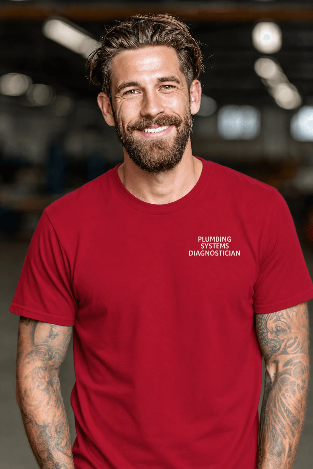 Funny Plumber Repair Graphic Tee "I Work Under Pressure" Back - "Plumbing Systems Diagnostician" Front — red t-shirt, model photo | Pressure Tested Co