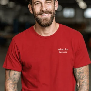 Funny Electrician Tech Tee - Back "I Make Bad Wiring Expensive" — Front "Wired For Success" Vintage Work Tee — red t-shirt, model photo | Pressure Tested Co