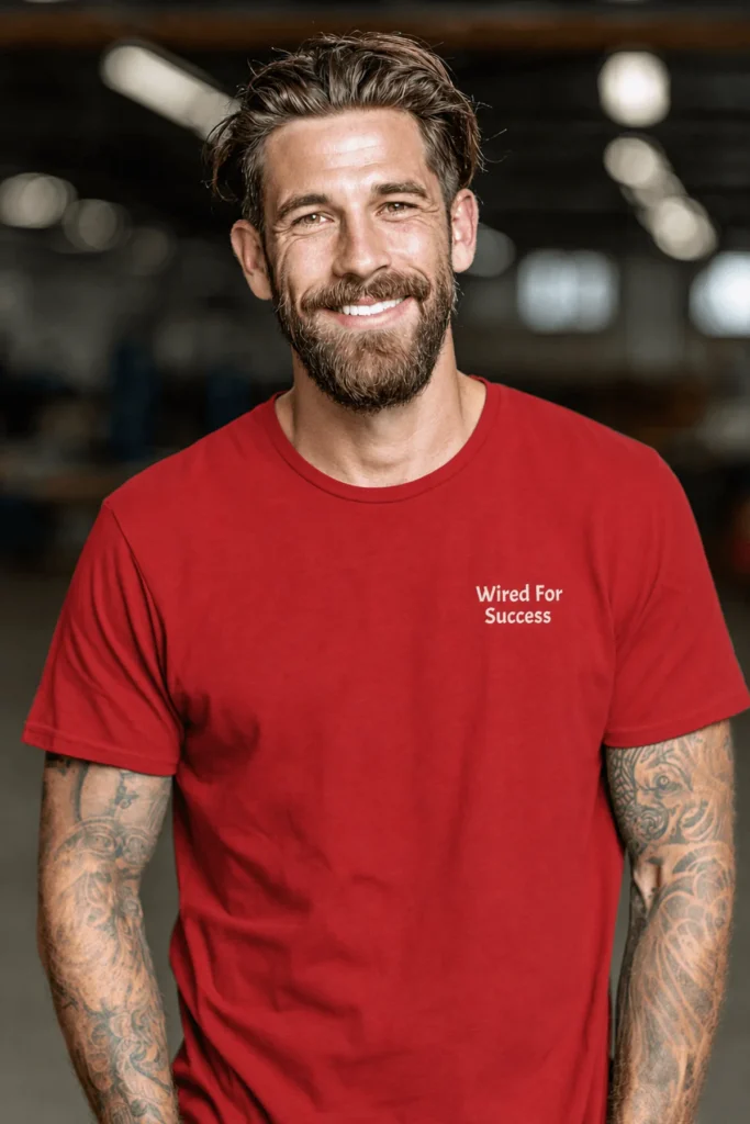 Funny Electrician Tech Tee - Back "I Make Bad Wiring Expensive" — Front "Wired For Success" Vintage Work Tee — red t-shirt, model photo | Pressure Tested Co