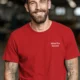 Funny Electrician Tech Tee - Back "I Make Bad Wiring Expensive" — Front "Wired For Success" Vintage Work Tee — red — Model Funny Electrician Tech Tee - Back "I Make Bad Wiring Expensive" — Front "Wired For Success" Vintage Work Tee — red t-shirt, model photo | Pressure Tested Co