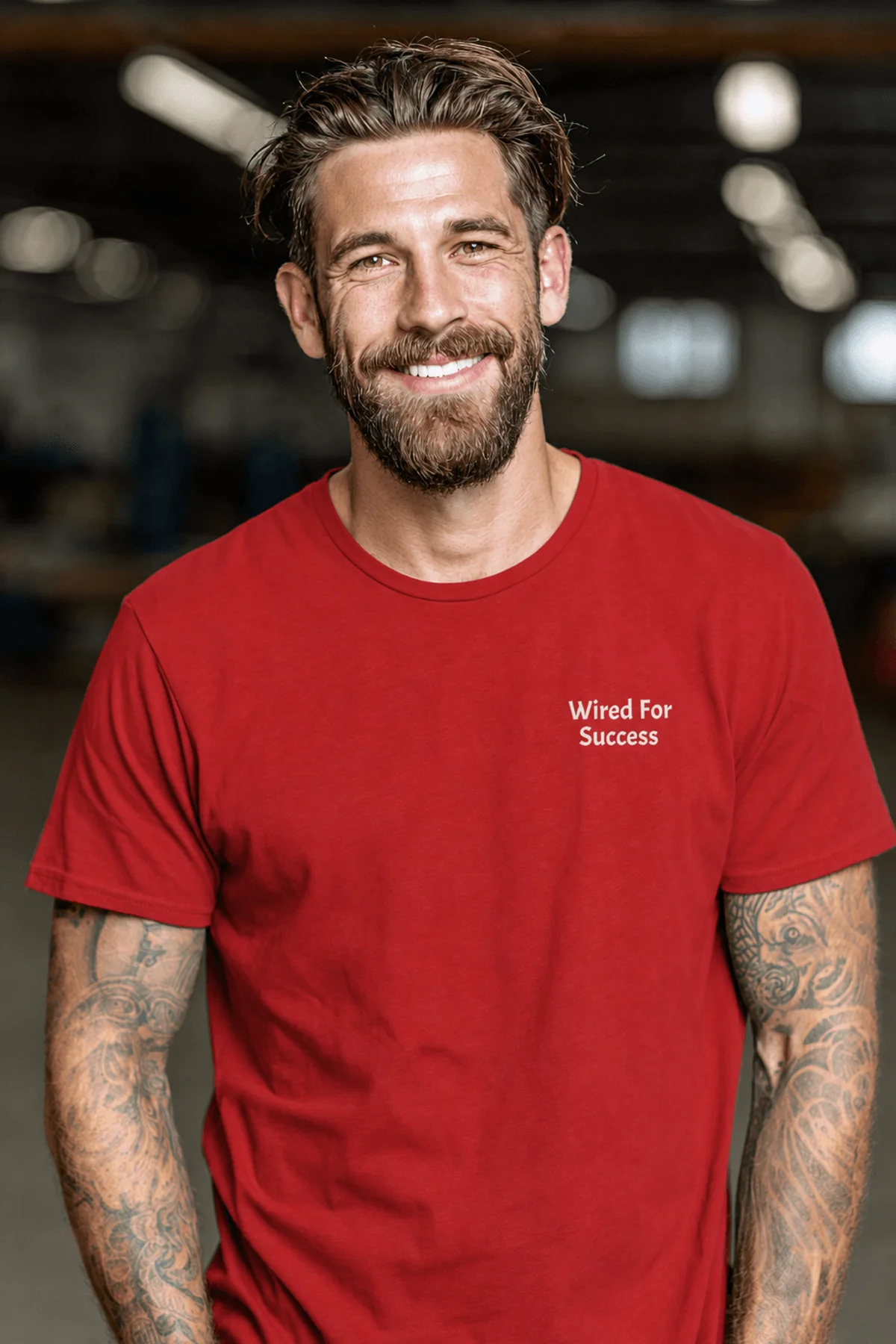 Funny Electrician Tech Tee - Back "I Make Bad Wiring Expensive" — Front "Wired For Success" Vintage Work Tee — red — Model Funny Electrician Tech Tee - Back "I Make Bad Wiring Expensive" — Front "Wired For Success" Vintage Work Tee — red t-shirt, model photo | Pressure Tested Co