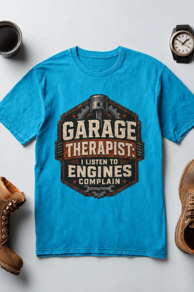 Funny Mechanic Repair Graphic Tee - "Garage Therapist. I Listen To Engines Complain."