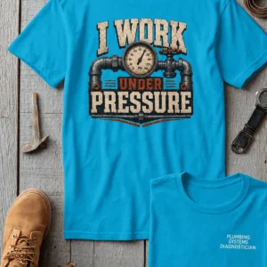 Funny Plumber Repair Graphic Tee "I Work Under Pressure" Back - "Plumbing Systems Diagnostician" Front — sapphire t-shirt, flat-lay product photo | Pressure Tested Co