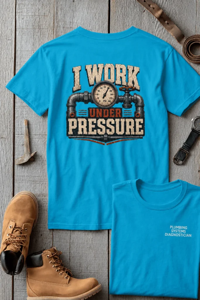 Funny Plumber Repair Graphic Tee "I Work Under Pressure" Back - "Plumbing Systems Diagnostician" Front — sapphire t-shirt, flat-lay product photo | Pressure Tested Co