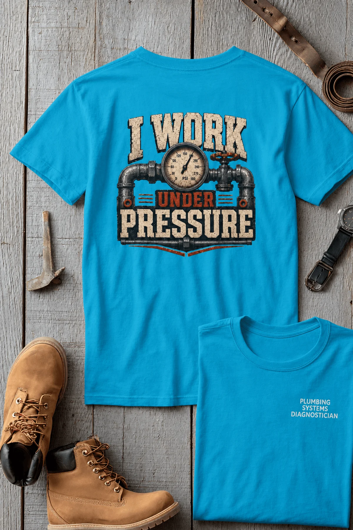 Funny Plumber Repair Graphic Tee "I Work Under Pressure" Back - "Plumbing Systems Diagnostician" Front — sapphire t-shirt, flat-lay product photo | Pressure Tested Co