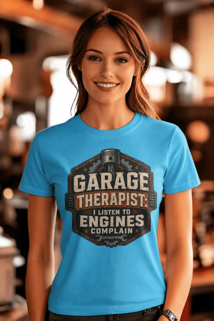 Funny Mechanic Repair Graphic Tee - "Garage Therapist. I Listen To Engines Complain."