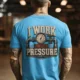 Funny Plumber Repair Graphic Tee "I Work Under Pressure" Back - "Plumbing Systems Diagnostician" Front — sapphire t-shirt, model photo | Pressure Tested Co