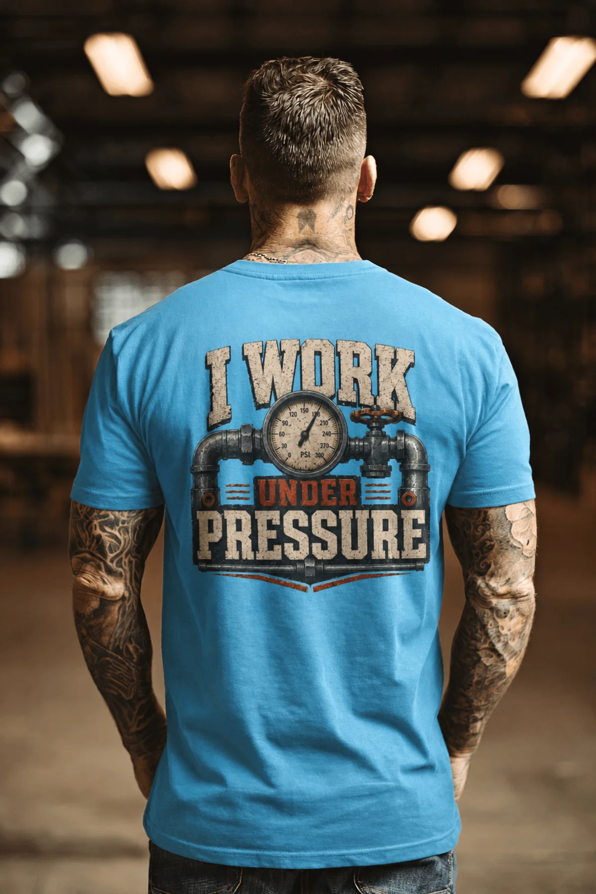 Funny Plumber Repair Graphic Tee "I Work Under Pressure" Back - "Plumbing Systems Diagnostician" Front — sapphire t-shirt, model photo | Pressure Tested Co