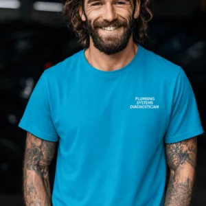 Funny Plumber Repair Graphic Tee "I Work Under Pressure" Back - "Plumbing Systems Diagnostician" Front — sapphire t-shirt, model photo | Pressure Tested Co
