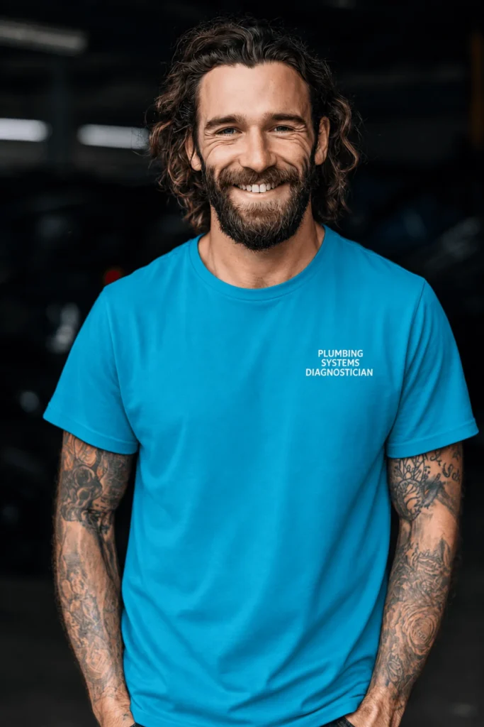 Funny Plumber Repair Graphic Tee "I Work Under Pressure" Back - "Plumbing Systems Diagnostician" Front — sapphire t-shirt, model photo | Pressure Tested Co
