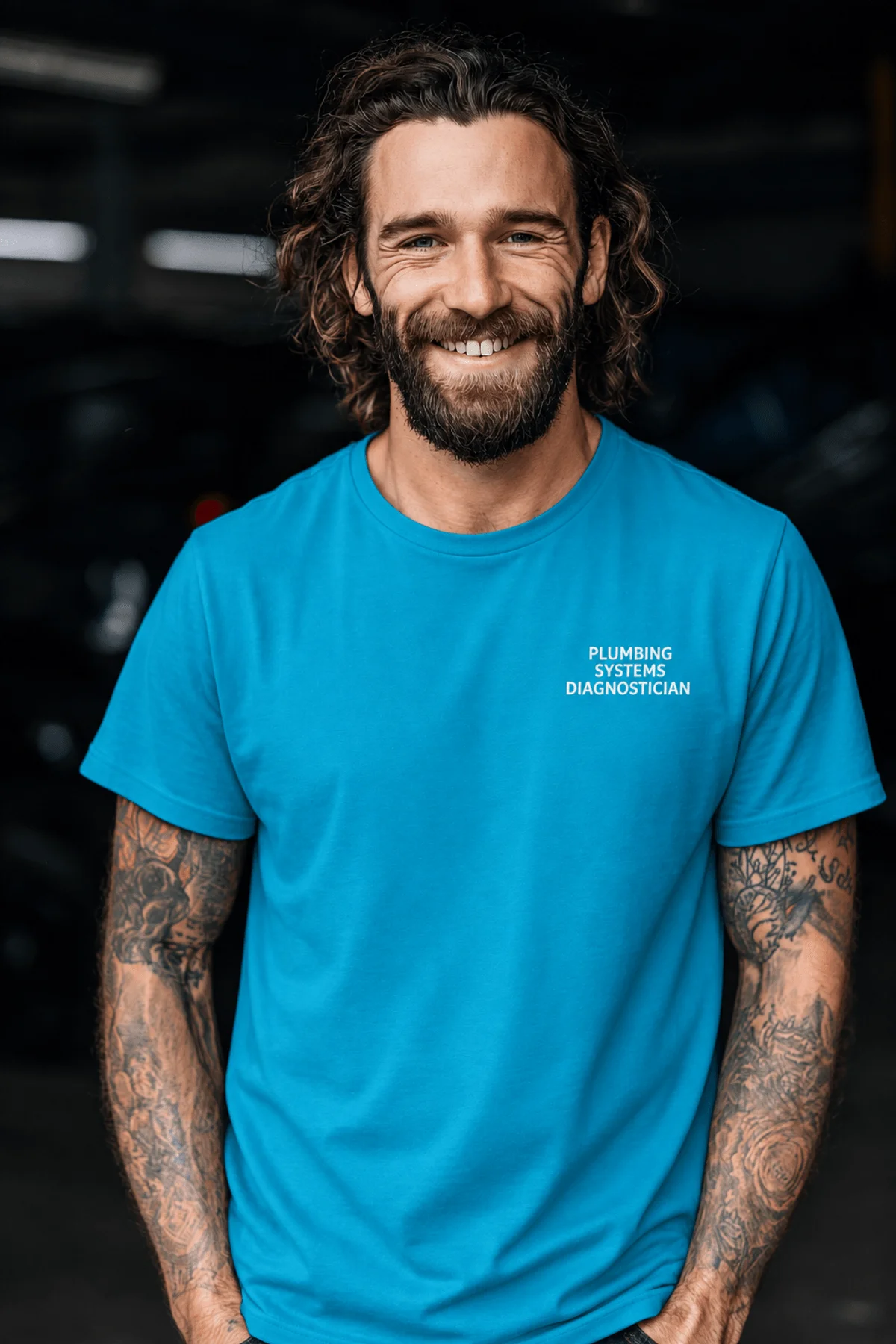 Funny Plumber Repair Graphic Tee "I Work Under Pressure" Back - "Plumbing Systems Diagnostician" Front — sapphire t-shirt, model photo | Pressure Tested Co