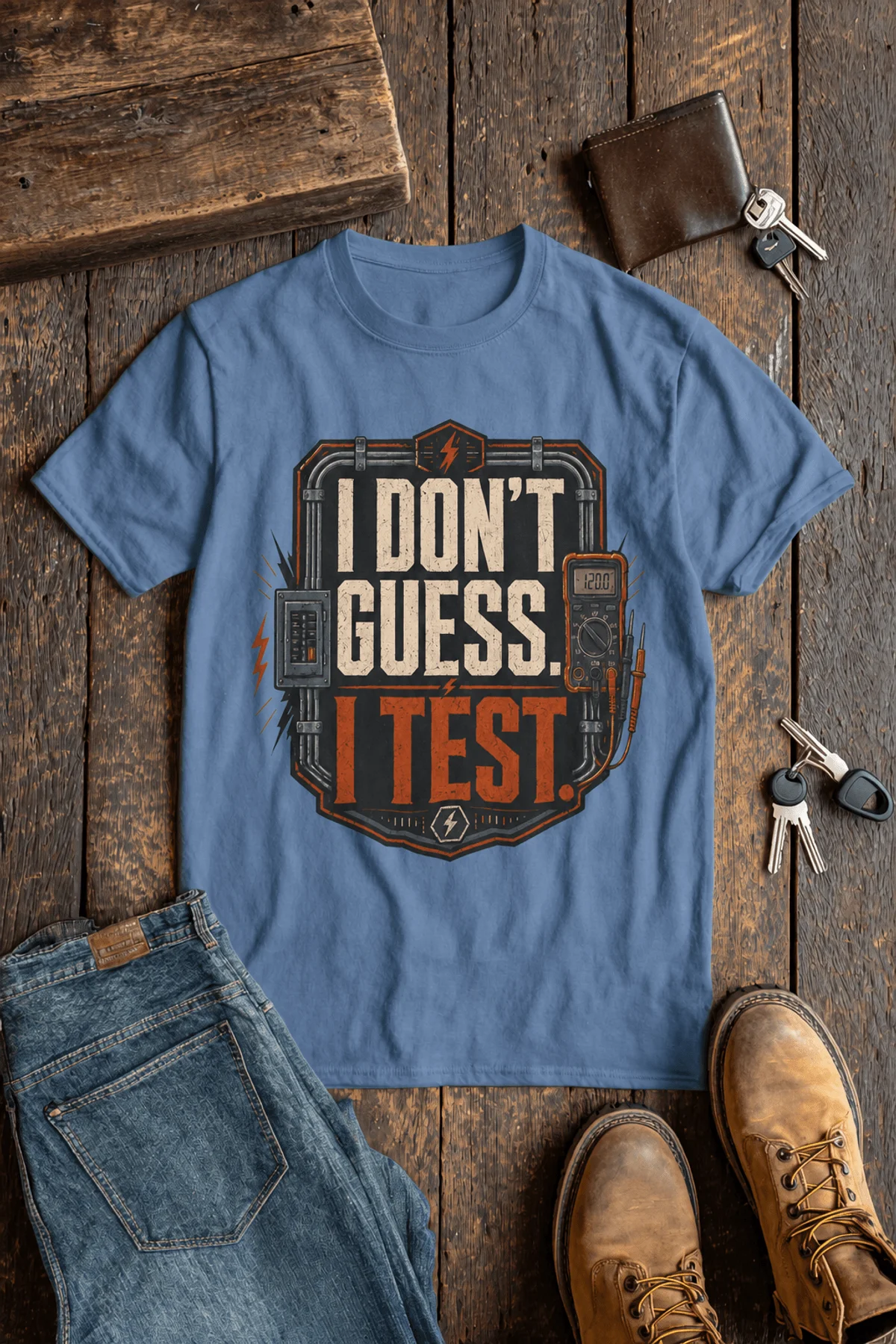 I Don't Guess I Test T-Shirt — Funny Tech Tee for Engineers and Electricians — steel-blue — Flat-lay I Don't Guess I Test T-Shirt — Funny Tech Tee for Engineers and Electricians — steel-blue t-shirt, flat-lay product photo | Pressure Tested Co