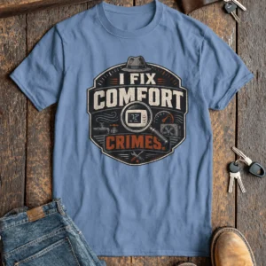 Funny HVAC Tech Tee "I Fix Comfort Crimes" — Furnace and Air Tech Work Tee — steel-blue t-shirt, flat-lay product photo | Pressure Tested Co