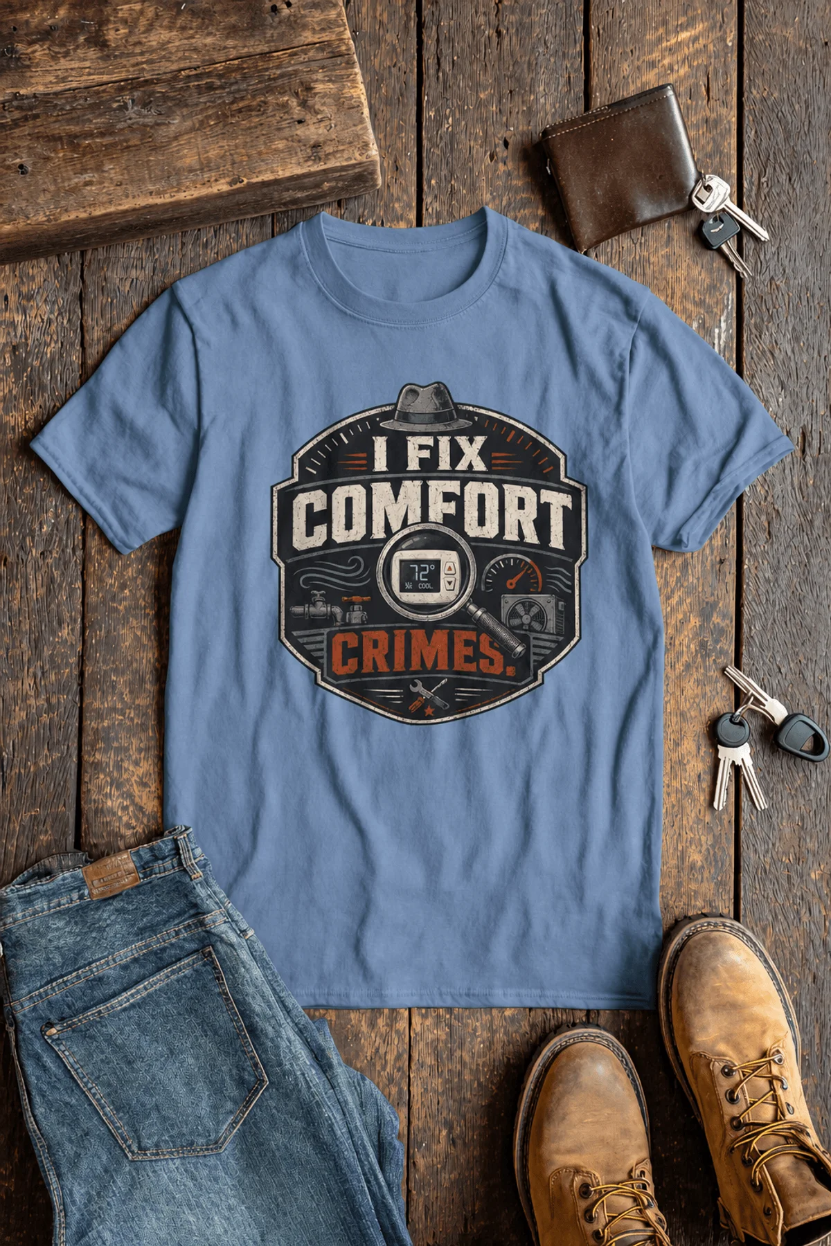 Funny HVAC Tech Tee "I Fix Comfort Crimes" — Furnace and Air Tech Work Tee — steel-blue — Flat-lay Funny HVAC Tech Tee "I Fix Comfort Crimes" — Furnace and Air Tech Work Tee — steel-blue t-shirt, flat-lay product photo | Pressure Tested Co