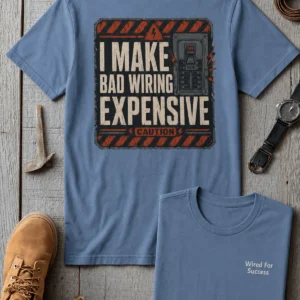 Funny Electrician Tech Tee - Back "I Make Bad Wiring Expensive" — Front "Wired For Success" Vintage Work Tee — steel-blue t-shirt, flat-lay product photo | Pressure Tested Co